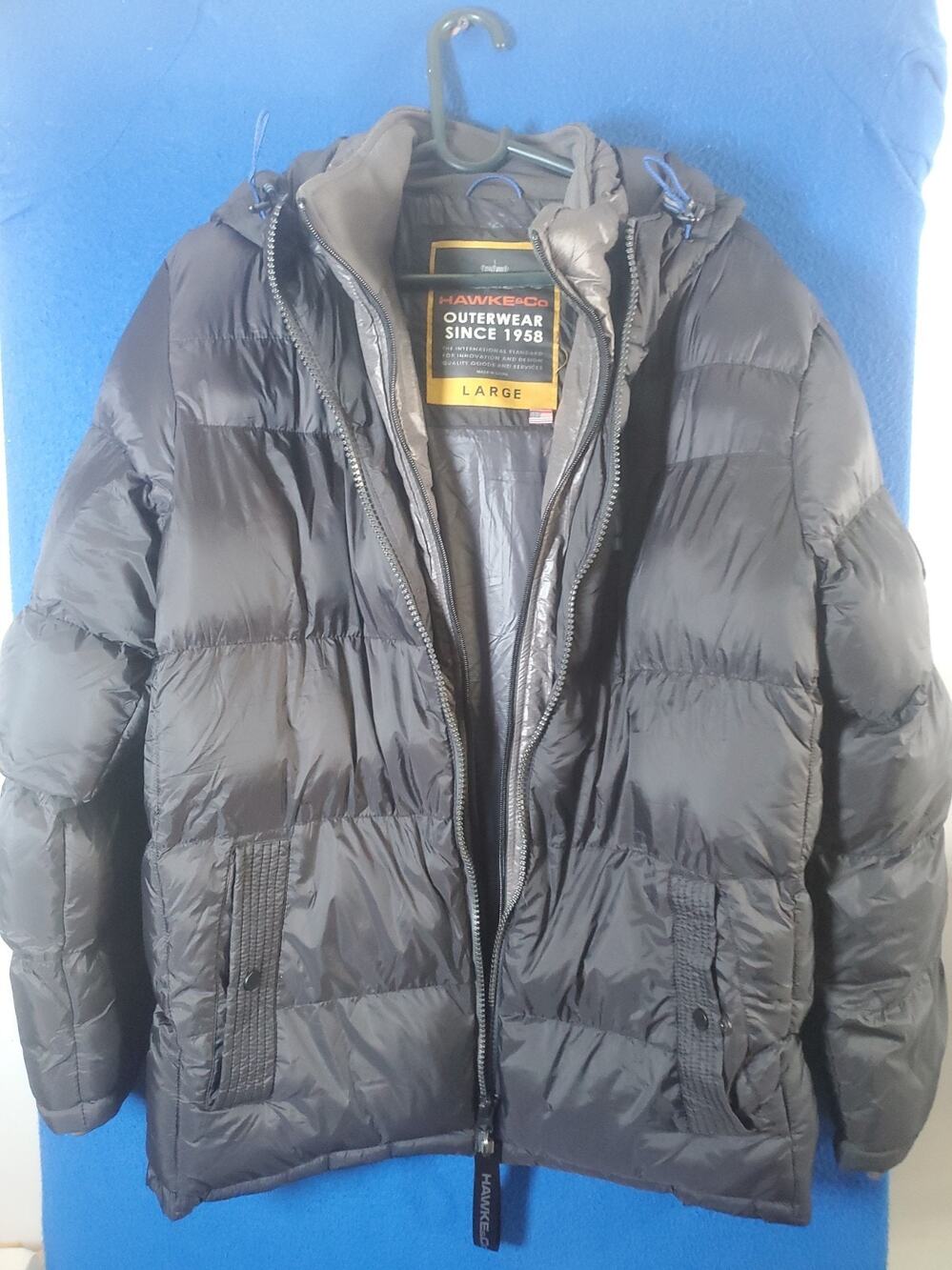 Hawke & Co Mens Puffer Jacket Large Black Hooded Outerwear Winter Coat Quilted